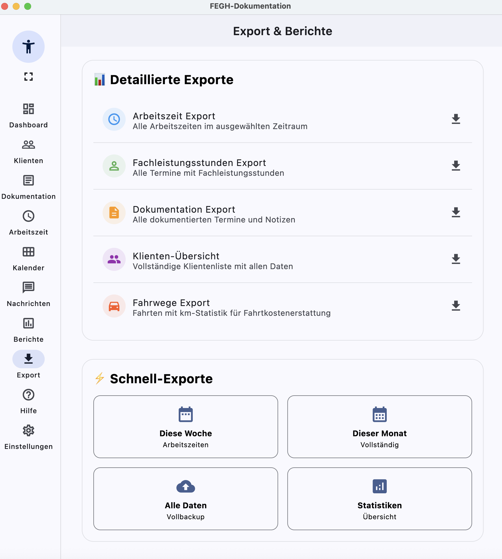FEGH Export & Berichte mit Schnell-Exporten