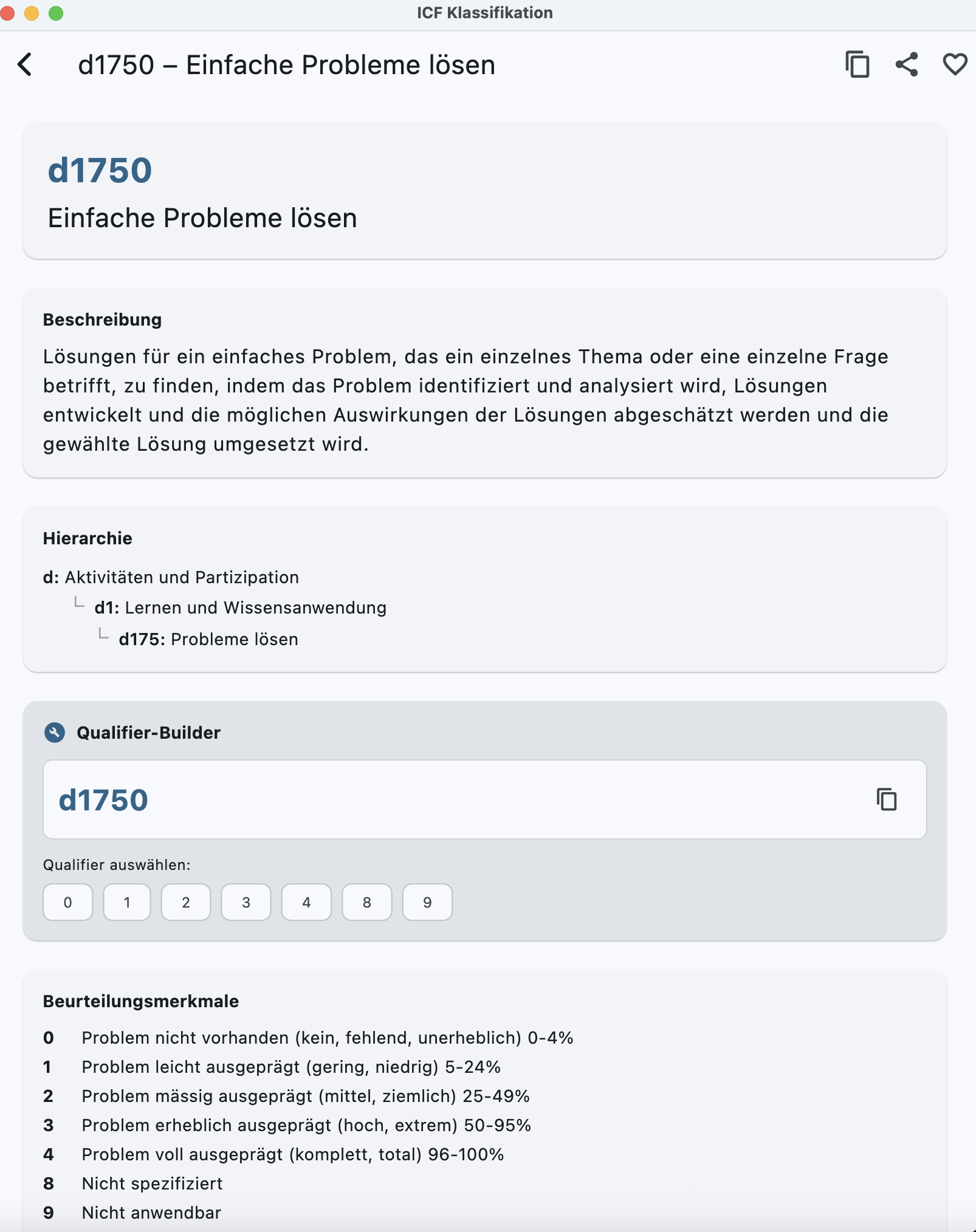 ICF Klassifikation – Code-Detailansicht mit Qualifier-Builder