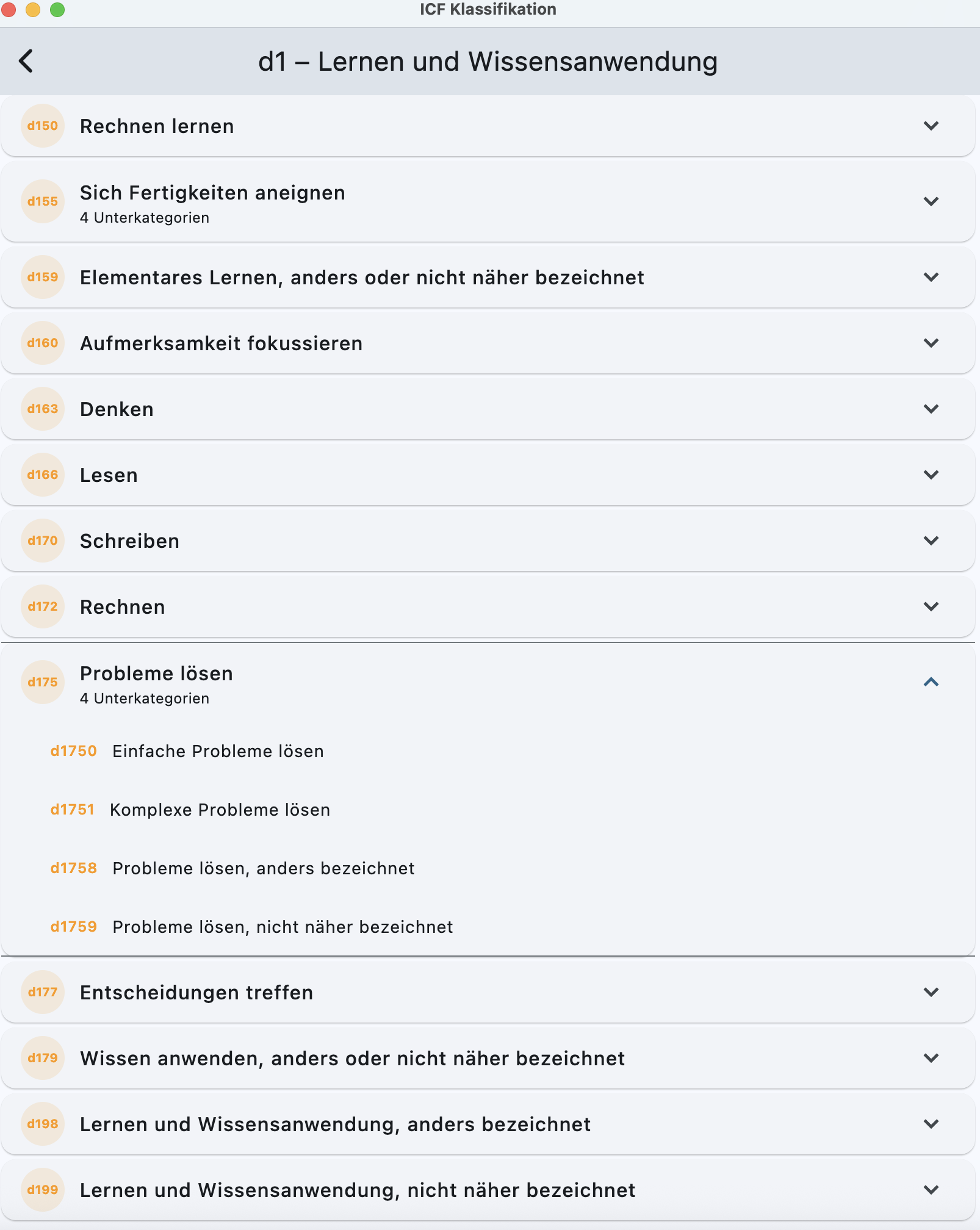 ICF Klassifikation – Kategorien mit Unterkategorien aufklappbar