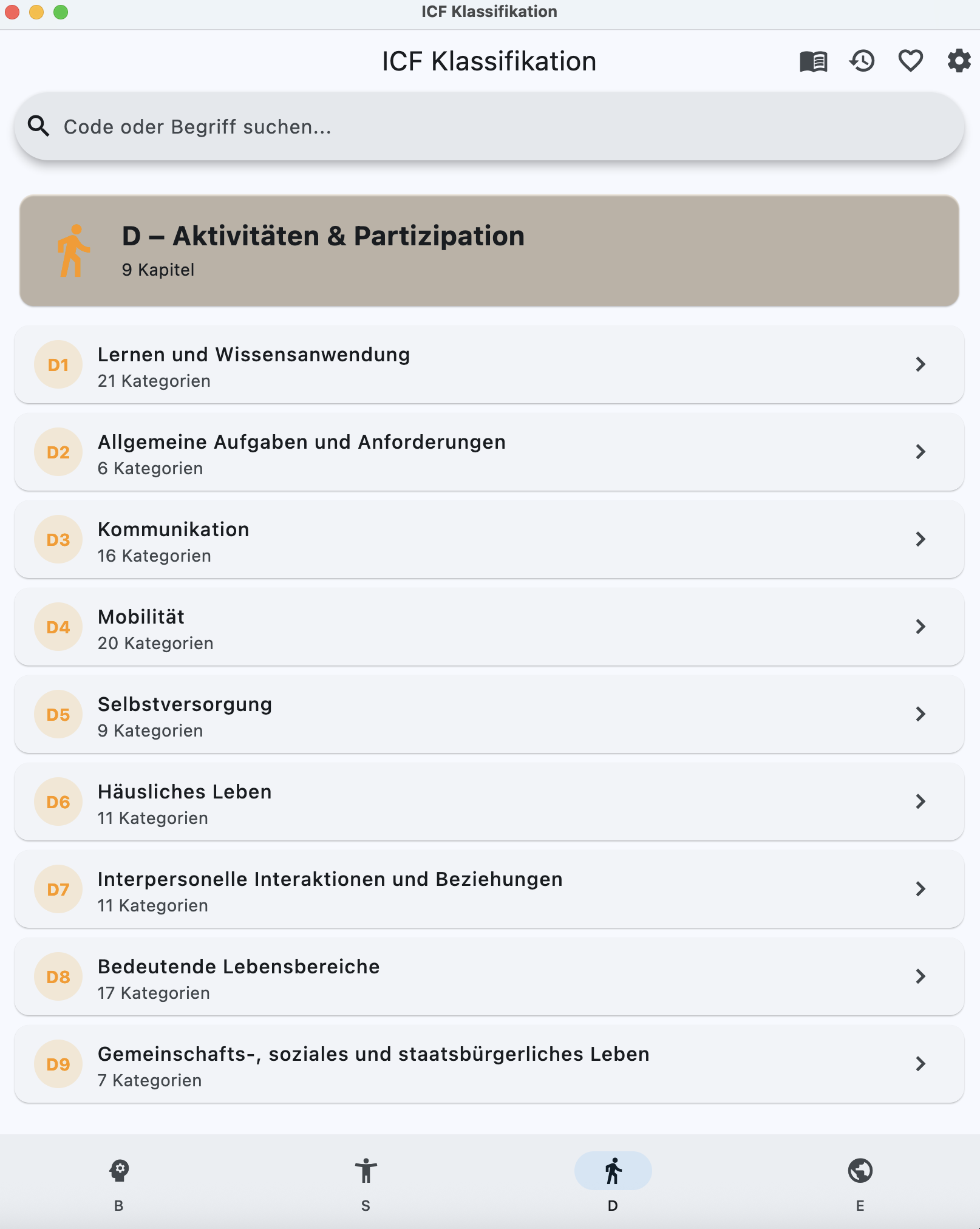 ICF Klassifikation – Dom&auml;nen&uuml;bersicht mit Suche und Kapitel-Navigation